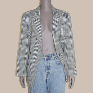 Vintage 80s gray blue plaid collared‎ office double-breasted plaid blazer Medium